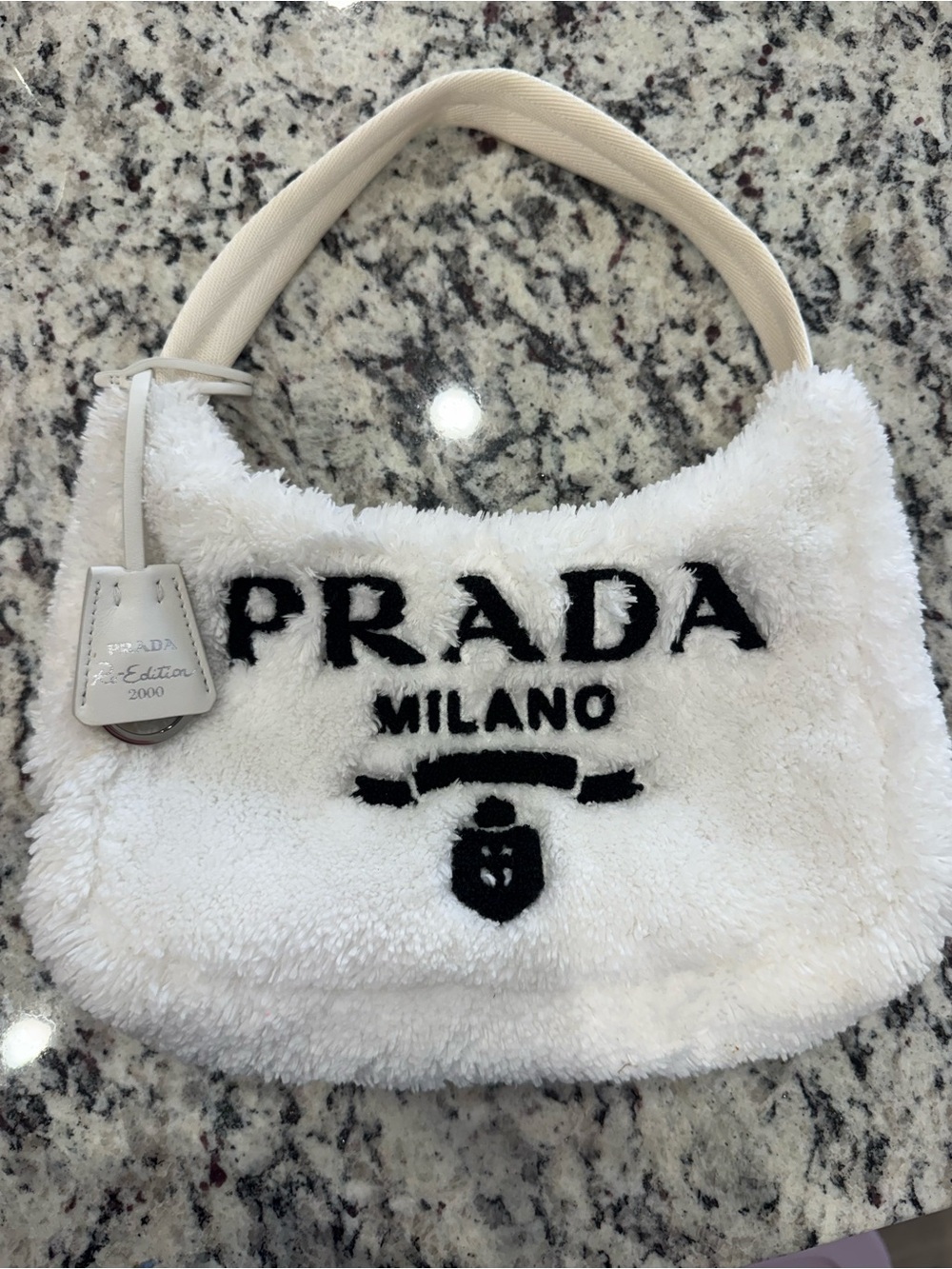 Prada White Teddy Milano Shoulder Bag with Black Logo— Re-Edition 2000
